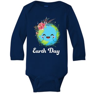 Happy Earth Day Cute Earth With Floral Wreath Baby Long Sleeve Bodysuit