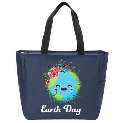 Happy Earth Day Cute Earth With Floral Wreath Zip Tote Bag