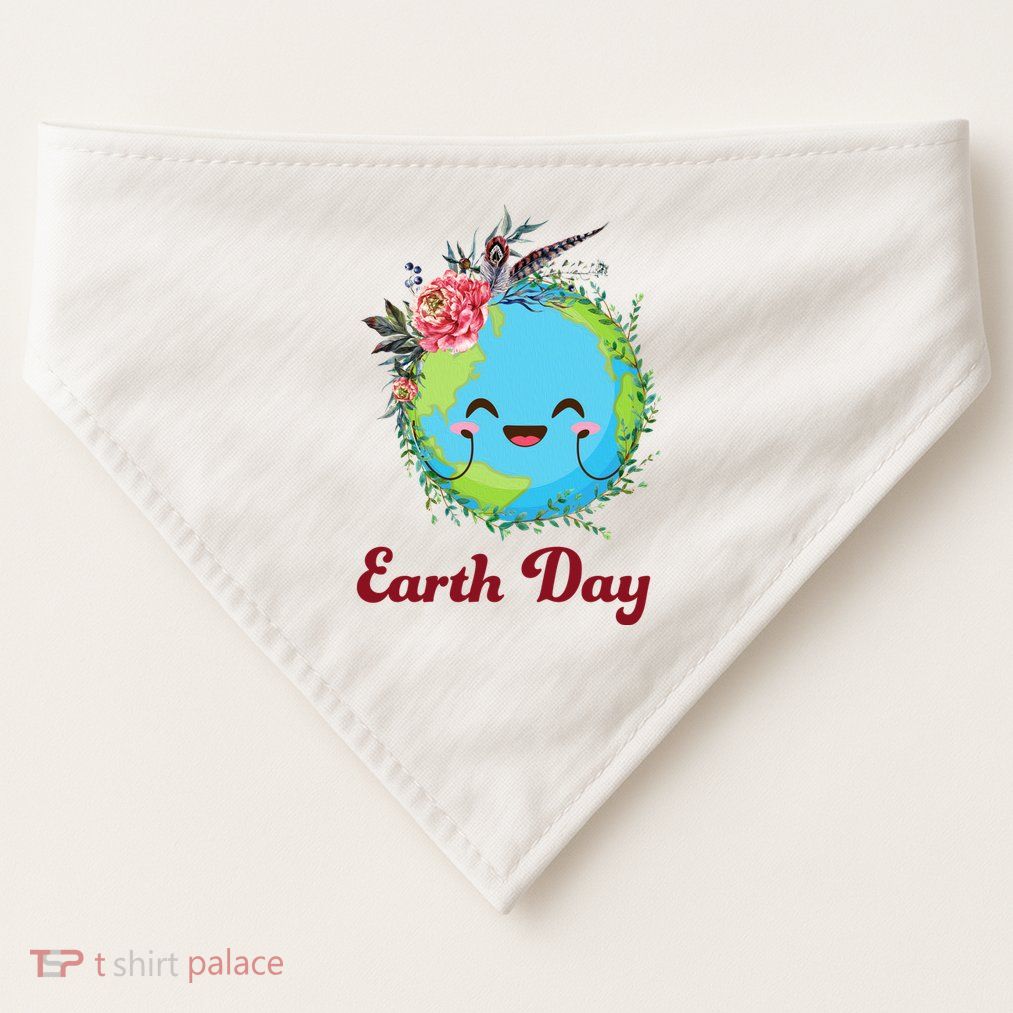 Happy Earth Day Cute Earth With Floral Wreath USA-Made Doggie Bandana