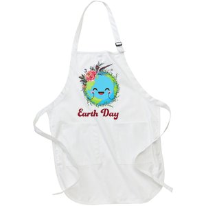 Happy Earth Day Cute Earth With Floral Wreath Full-Length Apron With Pockets