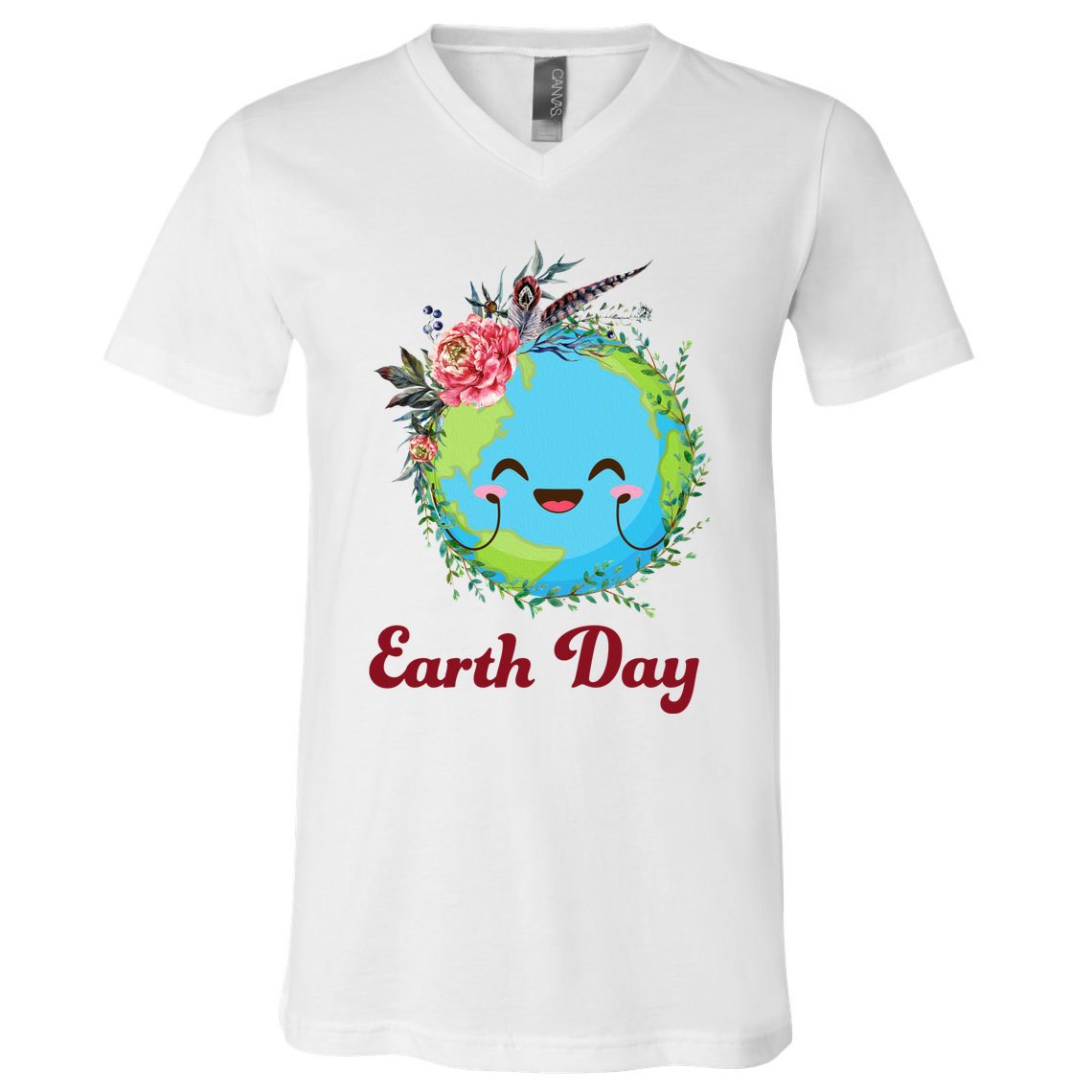 Happy Earth Day Cute Earth With Floral Wreath V-Neck T-Shirt
