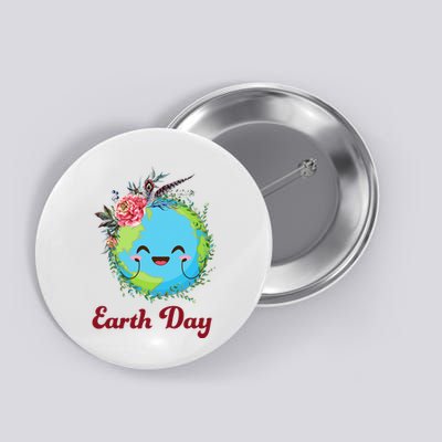 Happy Earth Day Cute Earth With Floral Wreath Button