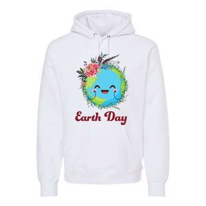 Happy Earth Day Cute Earth With Floral Wreath Premium Hoodie