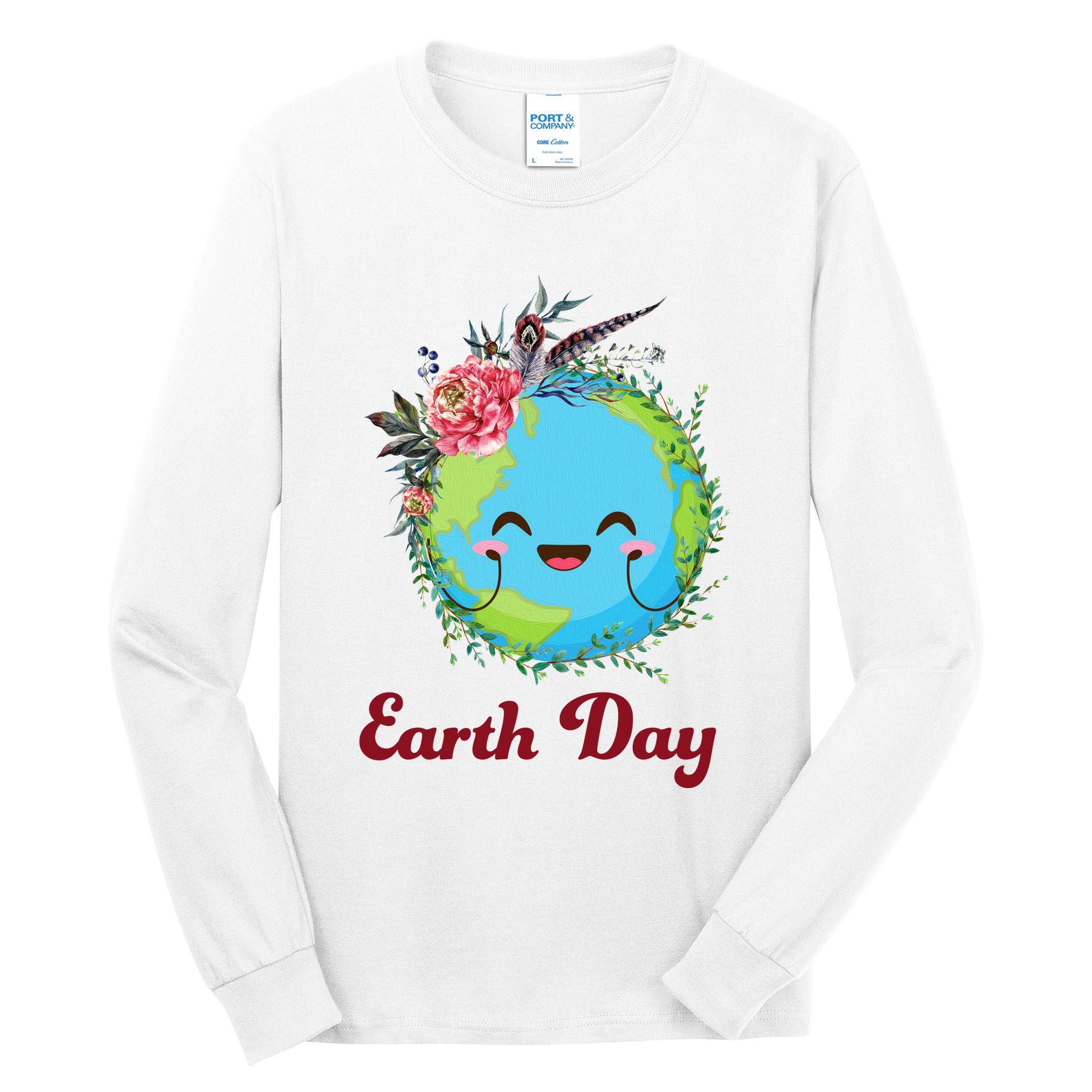 Happy Earth Day Cute Earth With Floral Wreath Tall Long Sleeve T-Shirt