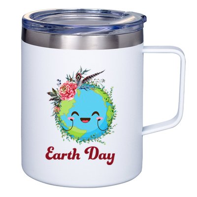 Happy Earth Day Cute Earth With Floral Wreath 12oz Stainless Steel Coffee Mug