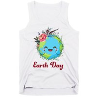 Happy Earth Day Cute Earth With Floral Wreath Tank Top