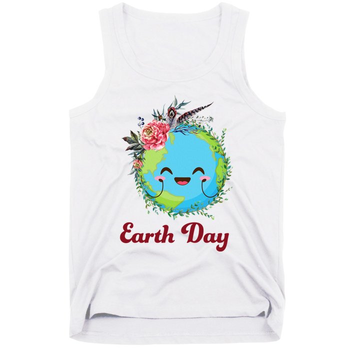 Happy Earth Day Cute Earth With Floral Wreath Tank Top