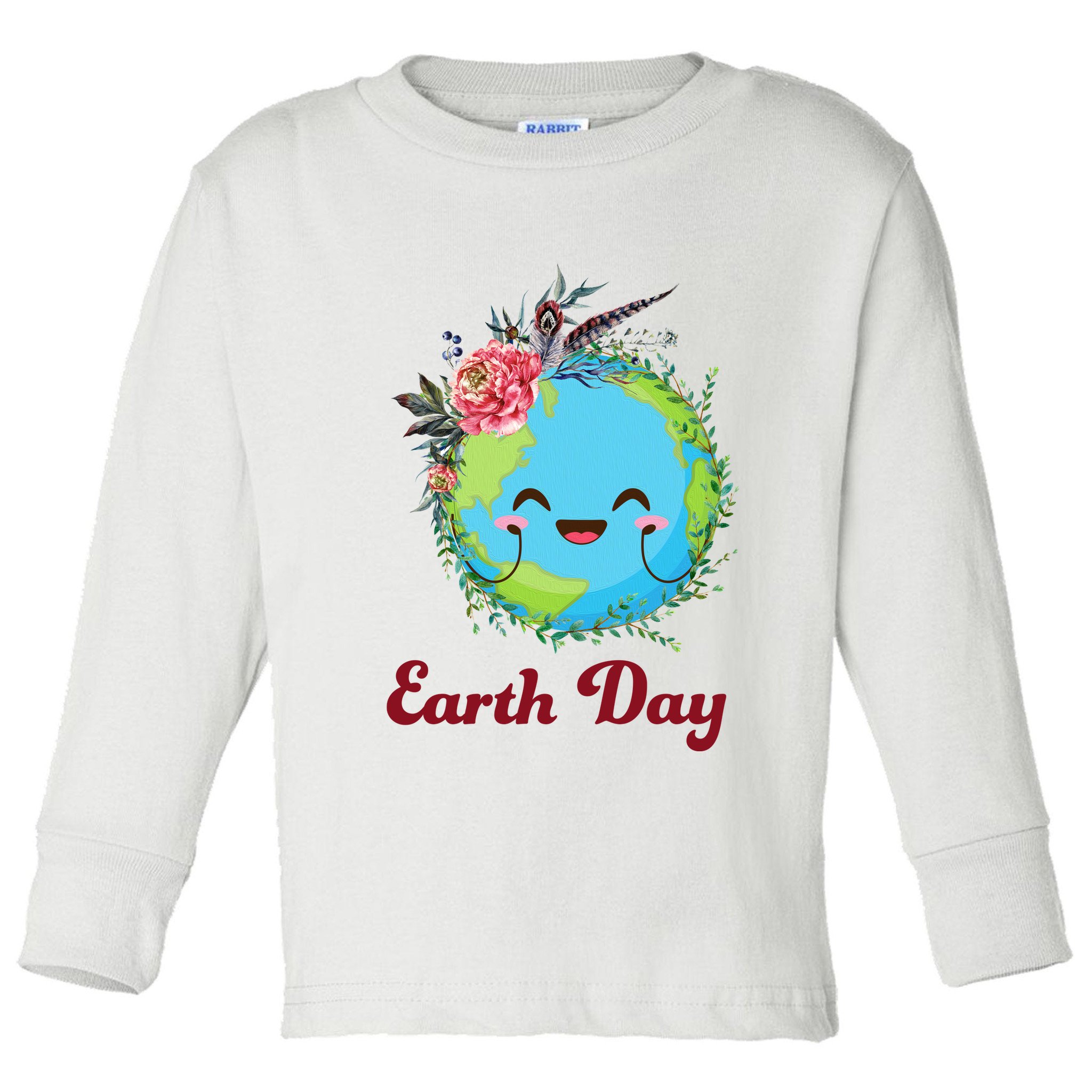 Happy Earth Day Cute Earth With Floral Wreath Toddler Long Sleeve Shirt