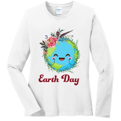 Happy Earth Day Cute Earth With Floral Wreath Ladies Long Sleeve Shirt