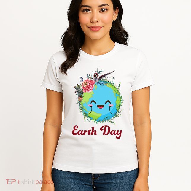 Happy Earth Day Cute Earth With Floral Wreath Womens T-Shirt