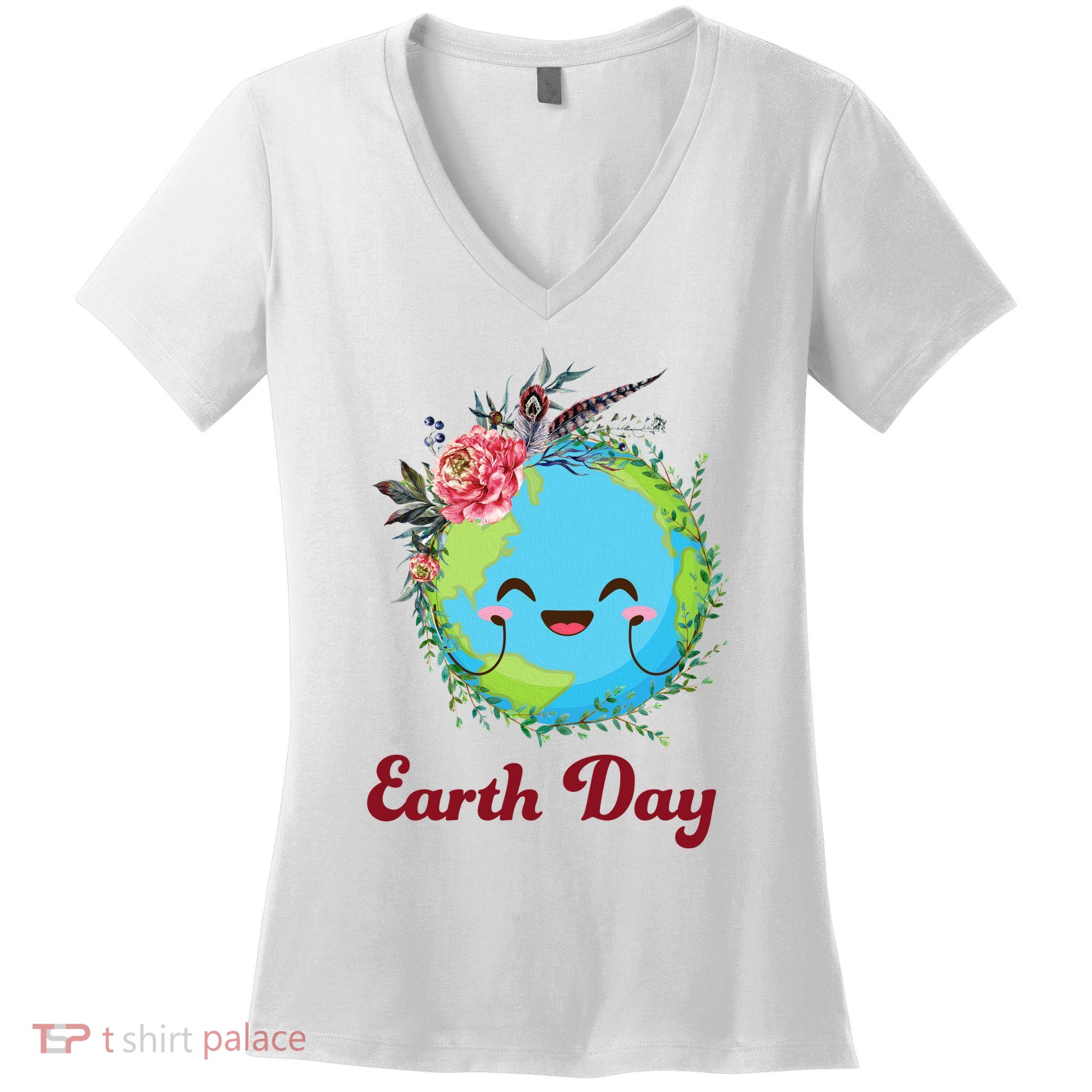 Happy Earth Day Cute Earth With Floral Wreath Women's V-Neck T-Shirt