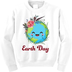 Happy Earth Day Cute Earth With Floral Wreath Kids Sweatshirt