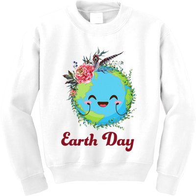 Happy Earth Day Cute Earth With Floral Wreath Kids Sweatshirt