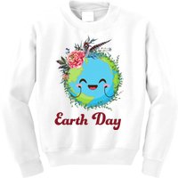 Happy Earth Day Cute Earth With Floral Wreath Kids Sweatshirt