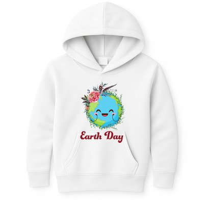 Happy Earth Day Cute Earth With Floral Wreath Kids Hoodie