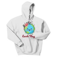 Happy Earth Day Cute Earth With Floral Wreath Kids Hoodie