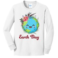 Happy Earth Day Cute Earth With Floral Wreath Kids Long Sleeve Shirt