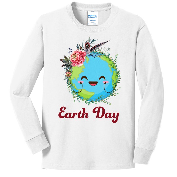 Happy Earth Day Cute Earth With Floral Wreath Kids Long Sleeve Shirt