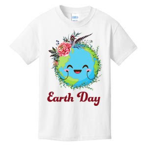 Happy Earth Day Cute Earth With Floral Wreath Kids T-Shirt