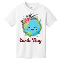 Happy Earth Day Cute Earth With Floral Wreath Kids T-Shirt