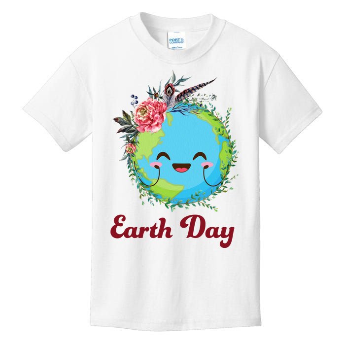 Happy Earth Day Cute Earth With Floral Wreath Kids T-Shirt