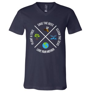 Happy Earth Day Plant Trees Clean Seas Save Bees Fun Science V-Neck T-Shirt