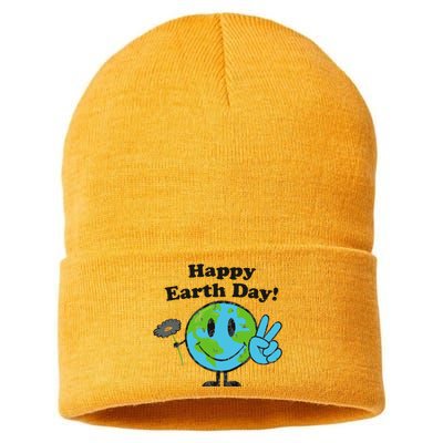 Happy Earth Day Cute Peace Sign Flower Distressed Sustainable Knit Beanie