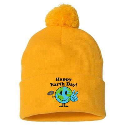 Happy Earth Day Cute Peace Sign Flower Distressed Pom Pom 12in Knit Beanie