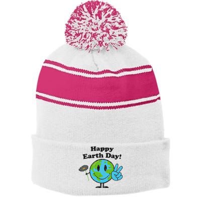 Happy Earth Day Cute Peace Sign Flower Distressed Stripe Pom Pom Beanie