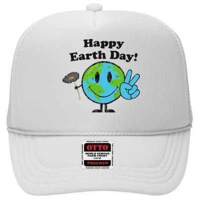 Happy Earth Day Cute Peace Sign Flower Distressed High Crown Mesh Back Trucker Hat