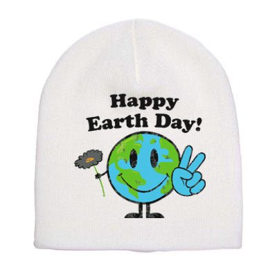 Happy Earth Day Cute Peace Sign Flower Distressed Short Acrylic Beanie