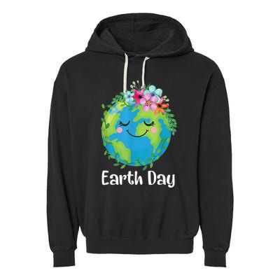 Happy Earth Day Cute Earth With Floral Earth Day Garment-Dyed Fleece Hoodie