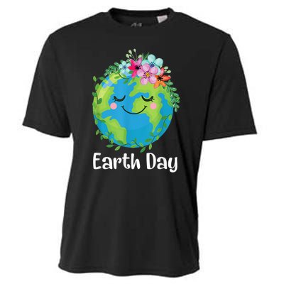 Happy Earth Day Cute Earth With Floral Earth Day Cooling Performance Crew T-Shirt