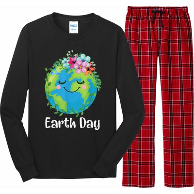 Happy Earth Day Cute Earth With Floral Earth Day Long Sleeve Pajama Set