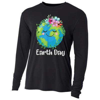 Happy Earth Day Cute Earth With Floral Earth Day Cooling Performance Long Sleeve Crew