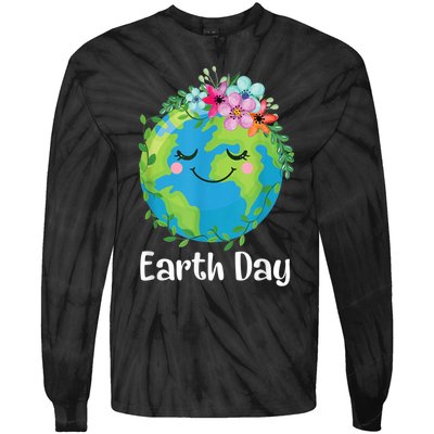 Happy Earth Day Cute Earth With Floral Earth Day Tie-Dye Long Sleeve Shirt