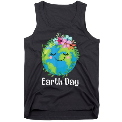 Happy Earth Day Cute Earth With Floral Earth Day Tank Top