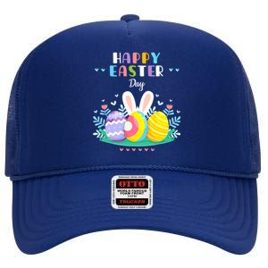 Happy Easter Day Pastel Spring Eggs Hunting Bunny Easter Gift High Crown Mesh Back Trucker Hat