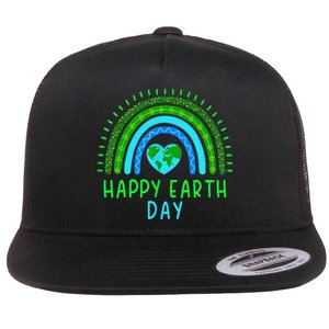 Happy Earth Day 2024 Cute Rainbow Earth Lover Gift Flat Bill Trucker Hat