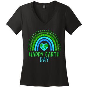 Happy Earth Day 2024 Cute Rainbow Earth Lover Gift Women's V-Neck T-Shirt