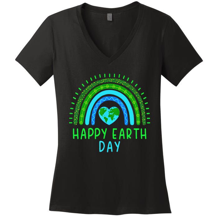 Happy Earth Day 2024 Cute Rainbow Earth Lover Gift Women's V-Neck T-Shirt