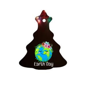 Happy Earth Day Cute Earth With Floral Earth Day 2024 Ceramic Tree Ornament