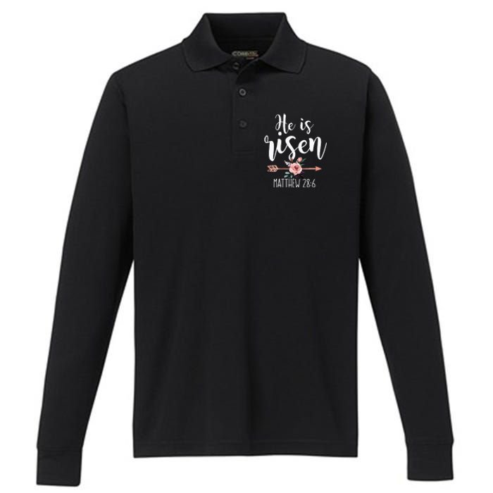 Happy Easter Day He Is Risen Floral Performance Long Sleeve Polo