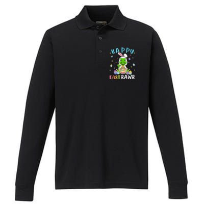 Happy Eastrawr Dinosaur T Rex Cute Easter Bunny Egg Performance Long Sleeve Polo