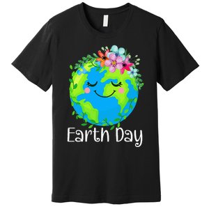 Happy Earth Day Cute Earth With Floral Premium T-Shirt