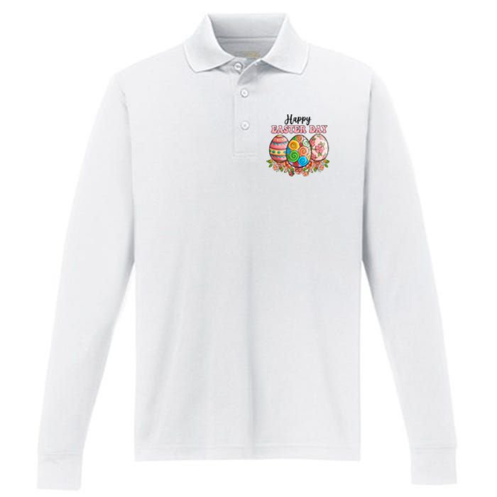 Happy Easter Day Eggs Floral Gift Easter Egg Performance Long Sleeve Polo