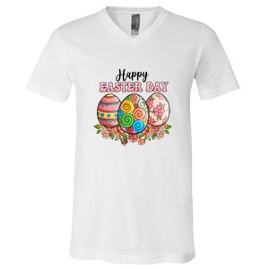 Happy Easter Day Eggs Floral Gift Easter Egg V-Neck T-Shirt