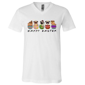 Happy Easter Day Cute Pugs Bunny V-Neck T-Shirt