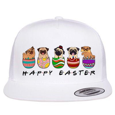 Happy Easter Day Cute Pugs Bunny Flat Bill Trucker Hat