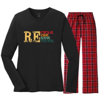 Happy Earth Day Recycle Reuse Renew Rethink Earth Day Retro Women's Long Sleeve Flannel Pajama Set 